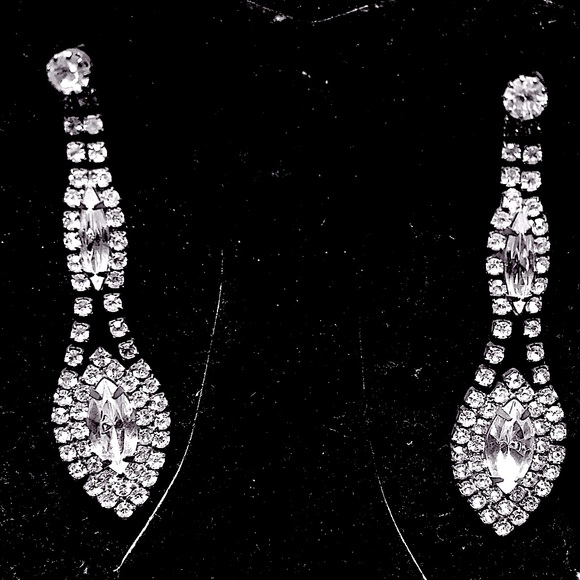 Jewelry - Vintage Silver and  Rhinestones Costume Earrings with Post and Backs (PIERCED)